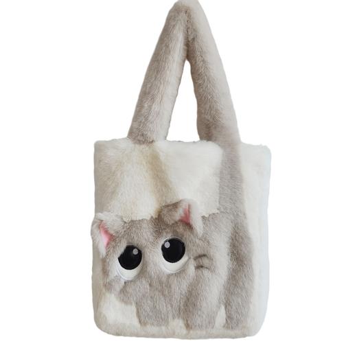 【新款秋冬毛绒包包】大容量创意猫咪手提包包 卡通撞色拼接刺绣托特包  商品图4