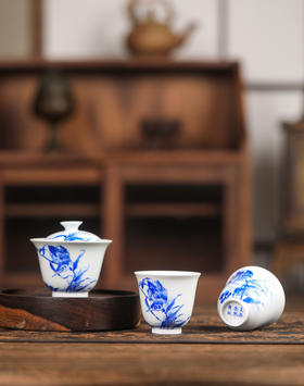 正春堂青花单翠二才盖碗两杯