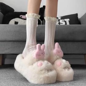 【专柜品质，冬季毛茸茸拖鞋】全面升级新款可爱呆萌小兔子，柔软脚感更舒适，室内居家可外穿一字拖鞋女拼色QQ