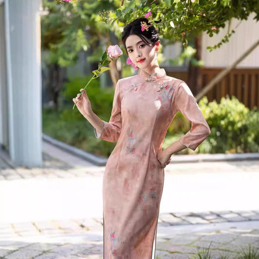 圆襟印花长款，新中式修身旗袍SJT- 699 商品图1