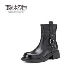 西村名物新款减龄显瘦短靴2024冬季新款英伦风圆头粗跟短靴X24DS47621