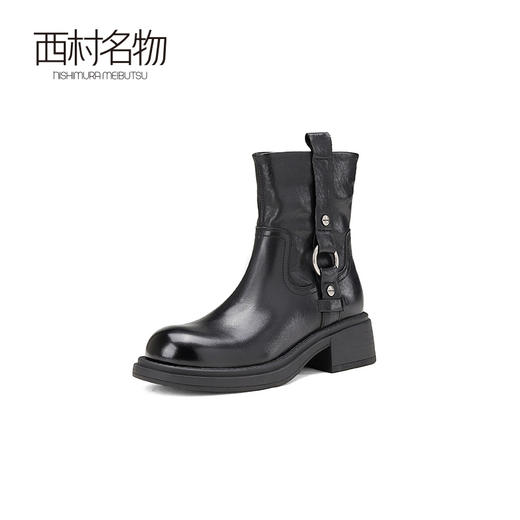 西村名物新款减龄显瘦短靴2024冬季新款英伦风圆头粗跟短靴X24DS47621 商品图0