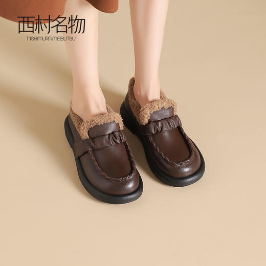 西村名物2024秋冬新品百搭舒适防滑真皮加绒一脚蹬乐福鞋女毛毛鞋T24DM47221 商品图3