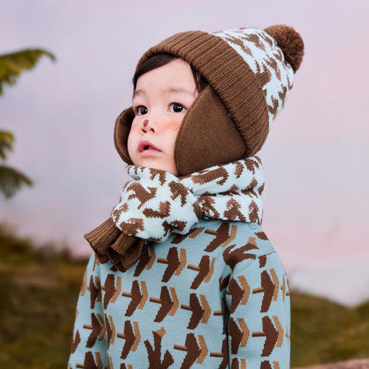 【两件套】迷你巴拉冬季新款男女童保暖提花护耳帽围巾套装 商品图2