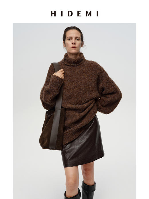 HIDEMI 【董生活同款】超显瘦中腰款可再生蛋白皮环保皮水洗做旧感立裁半身裙a字短裙皮裙 黑色/深棕色 商品图7