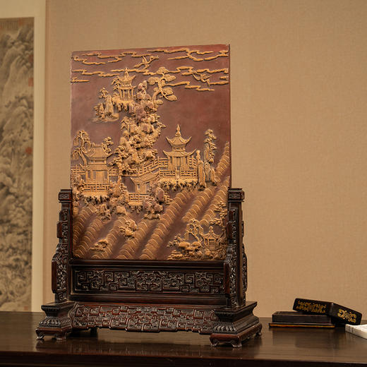 清 红木边座祁阳石屏芯高浮雕海屋添筹插屏 商品图4
