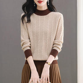 CC-103-66138拼色半高领毛衣女秋冬款2024新款宽松洋气套头上衣麻花针织打底衫