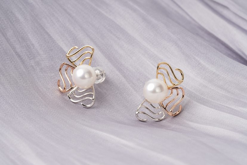 「浪」Akoya珍珠14k金耳钉