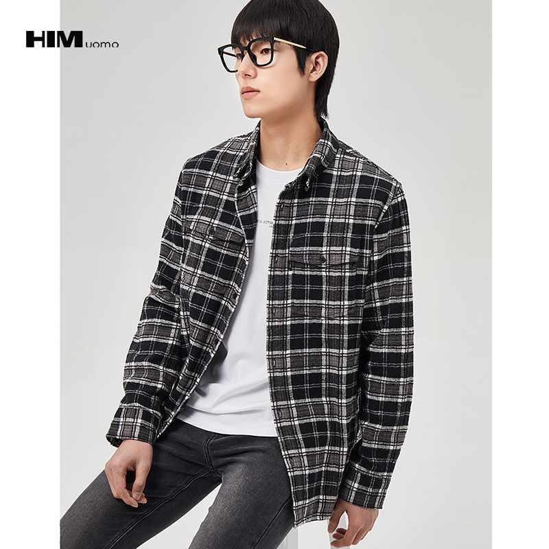 HIM漢崇  经典款磨毛格子加厚衬衫男宽松保暖休闲长袖衬衣2025秋季