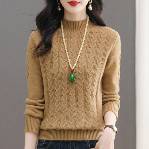 CC-103-66151麻花半高领针织打底衫女士长袖新款秋冬妈妈上衣内搭短款厚款毛衣 商品图1