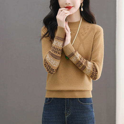 CC-103-66139半高领羊毛打底衫女秋冬洋气内搭提花毛衣短款显瘦针织衫 商品图0