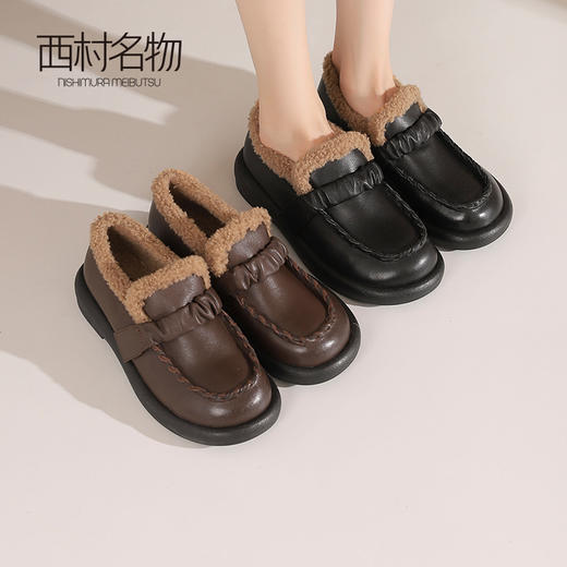 西村名物2024秋冬新品百搭舒适防滑真皮加绒一脚蹬乐福鞋女毛毛鞋T24DM47221 商品图1