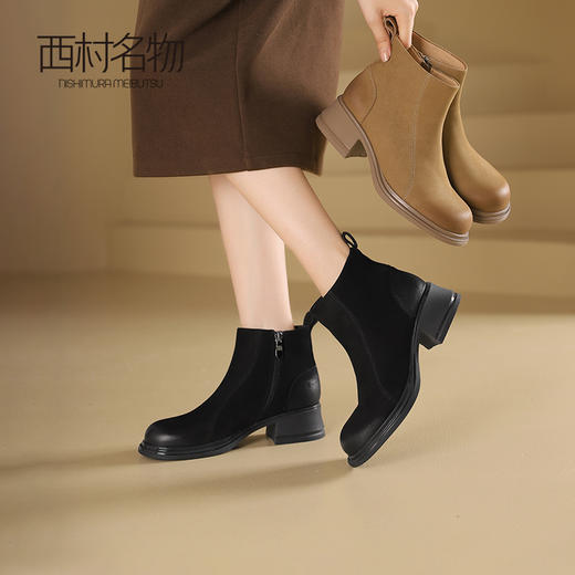 西村名物2024冬季新款厚底粗跟真皮短靴简约舒适马丁靴女X24DS47401 商品图2