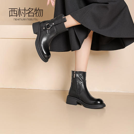西村名物新款减龄显瘦短靴2024冬季新款英伦风圆头粗跟短靴X24DS47621 商品图1