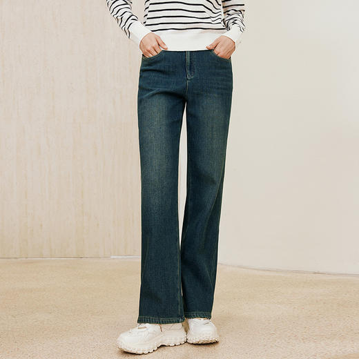 玳莎直筒加绒牛仔裤女2024年冬季新款复古百搭白暖显瘦休闲长裤  ED36307 商品图0