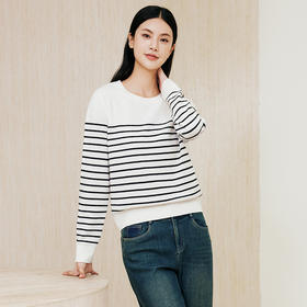 玳莎黑白条纹圆领毛衣女士24年冬季新款时尚羊毛羊绒混纺内搭上衣  ED33308