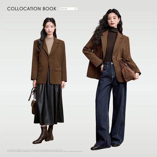 西遇复古棕色灯芯绒外套女新款宽松垫肩翻领做旧西装13542622 商品图1