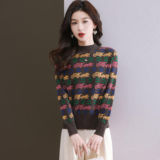 CC-101-96938针织打底衫女士秋冬装2024新款洋气半高领提花色毛衣宽松显瘦内搭 商品图0
