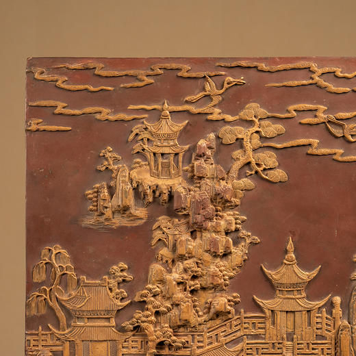 清 红木边座祁阳石屏芯高浮雕海屋添筹插屏 商品图2