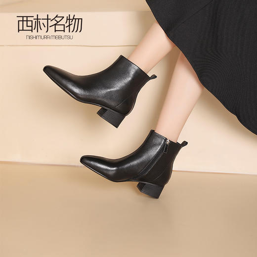 西村名物2024冬季新款英伦风真皮尖头百搭通勤粗跟短靴女X24DS47631 商品图4