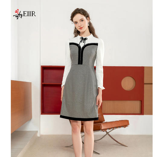 司歌格子拼接蕾丝长袖秋冬连衣裙复古收腰A901192X 商品图4