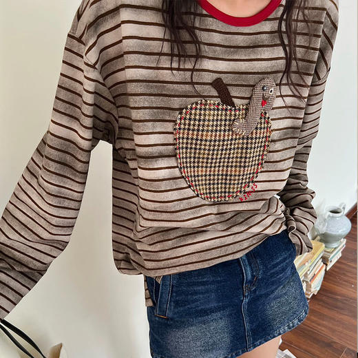 【顺丰包邮】42954 洛诗琳美式复古趣味条纹慵懒感长袖T恤上衣629 商品图2