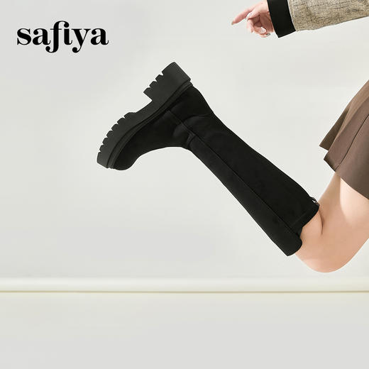 Safiya/索菲娅2024秋冬不过膝瘦瘦弹力绒面粗跟小个子增高长靴 SF44117249 商品图4
