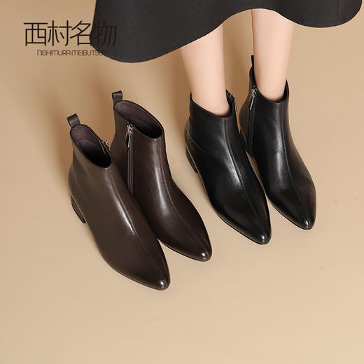 西村名物2024冬季新款英伦风真皮尖头百搭通勤粗跟短靴女X24DS47631 商品图3