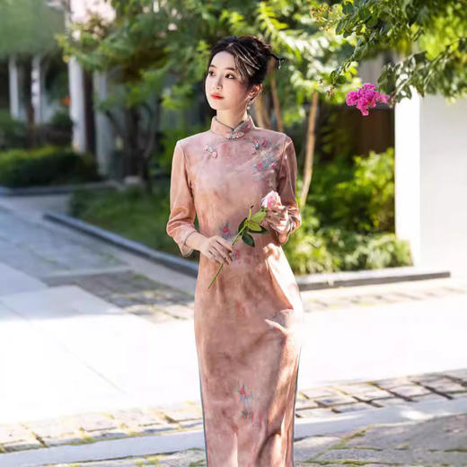 圆襟印花长款，新中式修身旗袍SJT- 699 商品图0