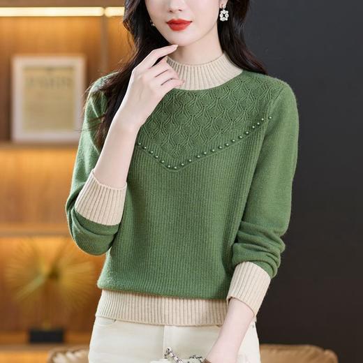 CC-101-689125半高领针织衫女士长袖t恤上衣秋冬季新款2024内搭钉珠毛衣打底衫 商品图3