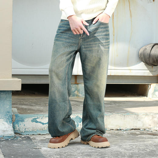 DRONKOO 2024 正常腰后袋交错折线绣线复古洗水底磨毛厚牛仔长裤 商品图1