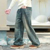 DRONKOO 2024 正常腰后袋交错折线绣线复古洗水底磨毛厚牛仔长裤 商品缩略图2