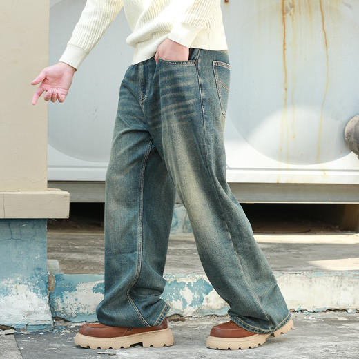 DRONKOO 2024 正常腰后袋交错折线绣线复古洗水底磨毛厚牛仔长裤 商品图2