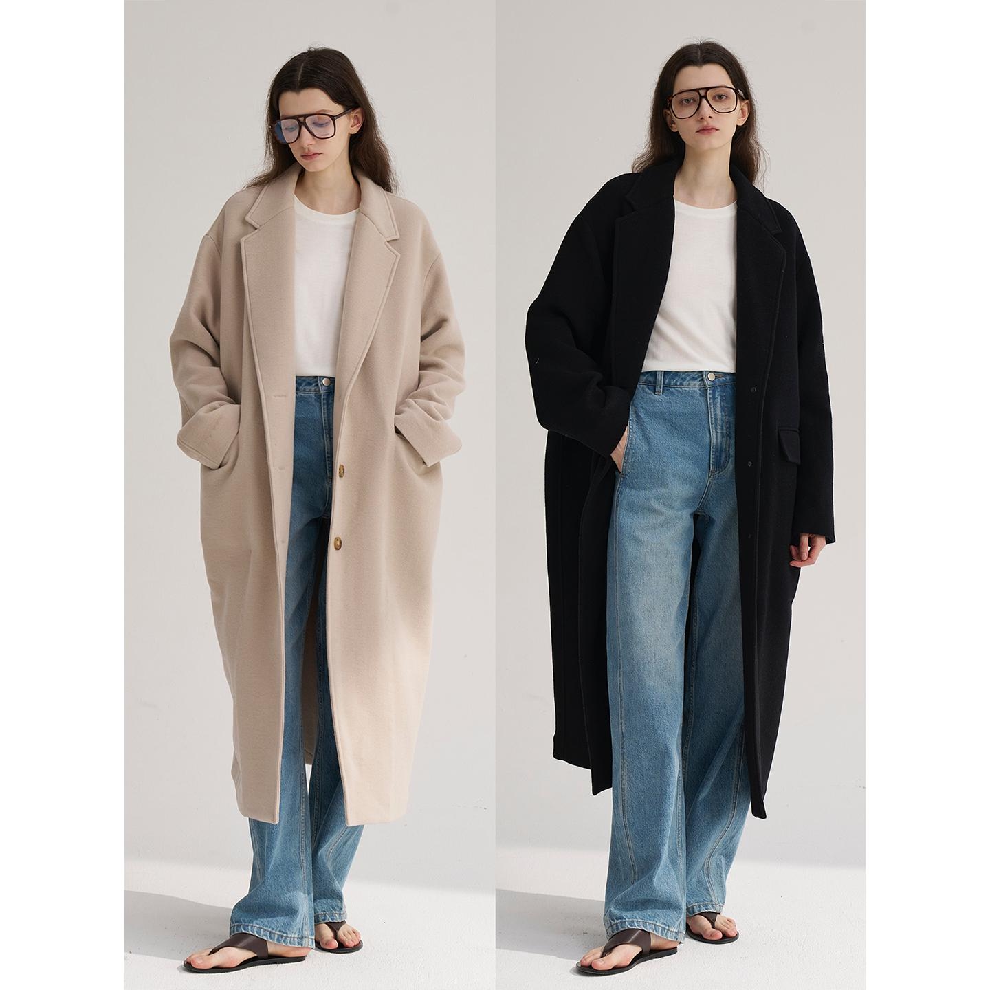 MAISON CECILE米色/黑色重磅羊毛宽松保暖西装领大衣