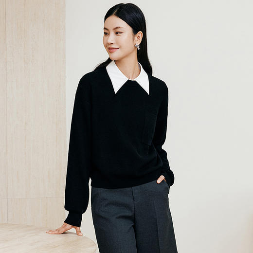 玳莎全羊毛落肩袖毛衣女2024年冬季新款宽松慵懒风黑色针织衫上衣  ED33315 商品图0