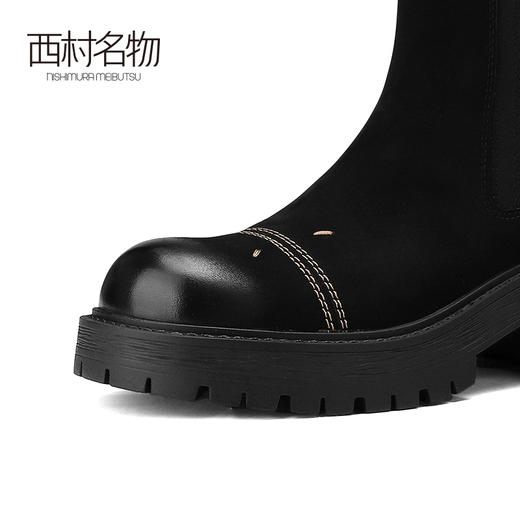 西村名物2024秋冬新款英伦风圆头真皮厚底弹力袜靴时尚短筒靴女X24DS47201 商品图3