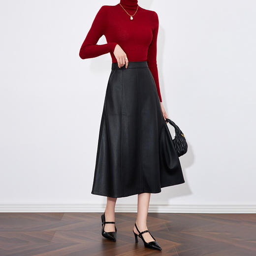 【高货wl】全新升级【铂金会员266/天猫359/差价93】(90935) 洛诗琳秋季新款高腰PU半身裙小皮裙简约百搭中长A字裙 商品图0