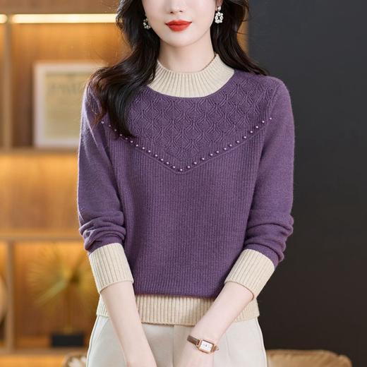 CC-101-689125半高领针织衫女士长袖t恤上衣秋冬季新款2024内搭钉珠毛衣打底衫 商品图0