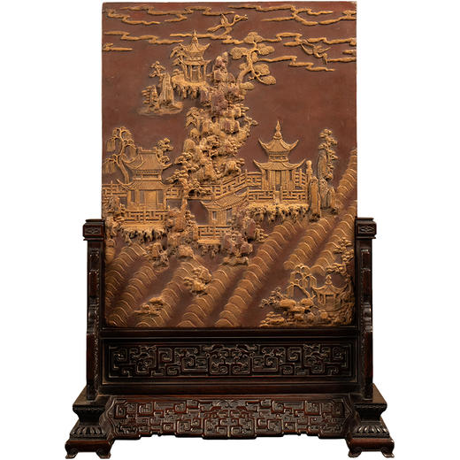 清 红木边座祁阳石屏芯高浮雕海屋添筹插屏 商品图5