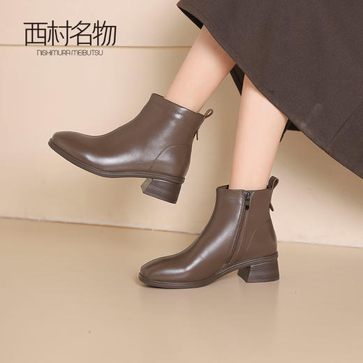 西村名物2024秋冬新品法式真皮短靴百搭粗跟方头瘦瘦靴女T24DS48151 商品图2