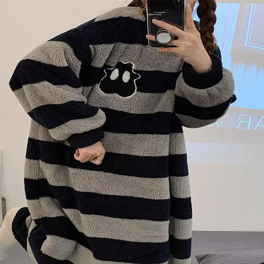 【秋冬厚实珊瑚绒条纹睡衣】静享生活重新定义家居服，优质精梳纯棉面料~舒适透气，家居服法兰绒加绒加厚大码孕妇连衣裙QQ 商品图2