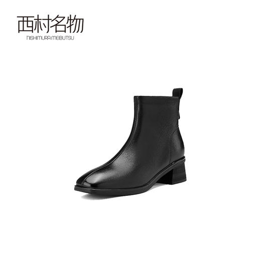 西村名物2024秋冬新品法式真皮短靴百搭粗跟方头瘦瘦靴女T24DS48151 商品图0