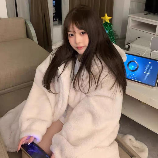 【加厚不掉毛，珊瑚绒兔耳朵连帽睡衣】每一次的伸展都与舒适相拥，柔软舒适 不易掉毛 加绒加厚，冬季新款加厚保暖睡裙居家服睡袍QQ 商品图2