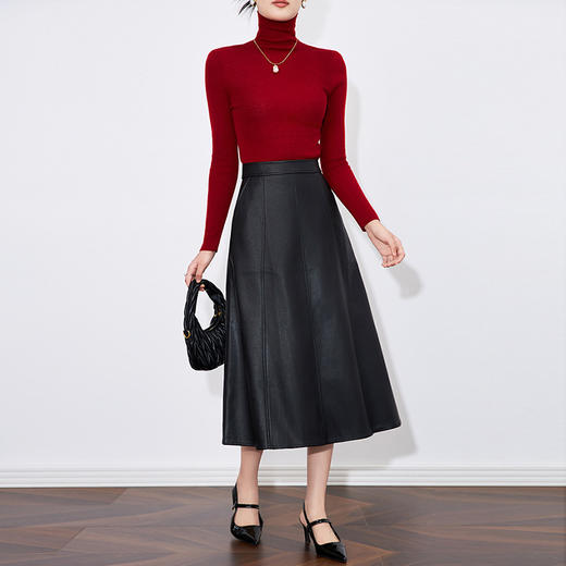 【高货wl】全新升级【铂金会员266/天猫359/差价93】(90935) 洛诗琳秋季新款高腰PU半身裙小皮裙简约百搭中长A字裙 商品图2