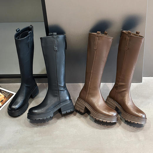 经典鲨2024年冬款百搭圆头中跟后拉链舒适显瘦加绒保暖时装长筒靴女KW279-D58351 商品图2