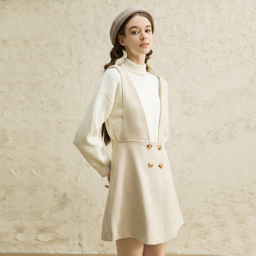 famecoco范可儿女中长款洋气气质吊带毛呢连衣裙F188FA016 商品图0