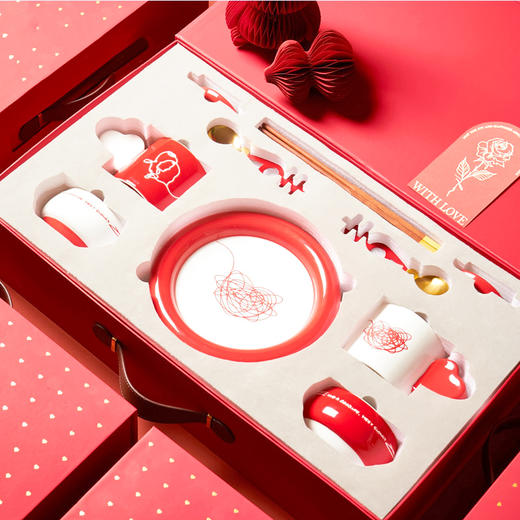 【慢慢相遇礼盒餐具】中国风红色喜庆餐具碗盘套装家用新婚礼物碗碟勺陶瓷盘碗碟礼盒装 商品图2