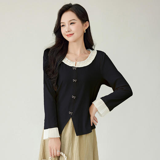 奢姿2025年春季新款大码女装减龄钉珠上衣胖妹妹拼接开衩针织衫5543262127 商品图3