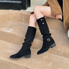 经典鲨2024年冬新款百搭圆头平底潮流时尚显瘦加绒保暖长筒褶皱靴女KW65-D58171 商品缩略图3