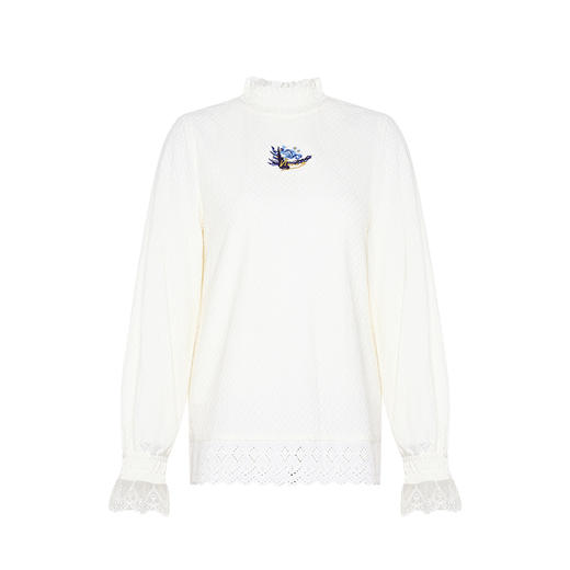 两三事梵高文艺星辰织梦2024冬季新款绣花蕾丝拼接袖口打底t恤女 商品图4